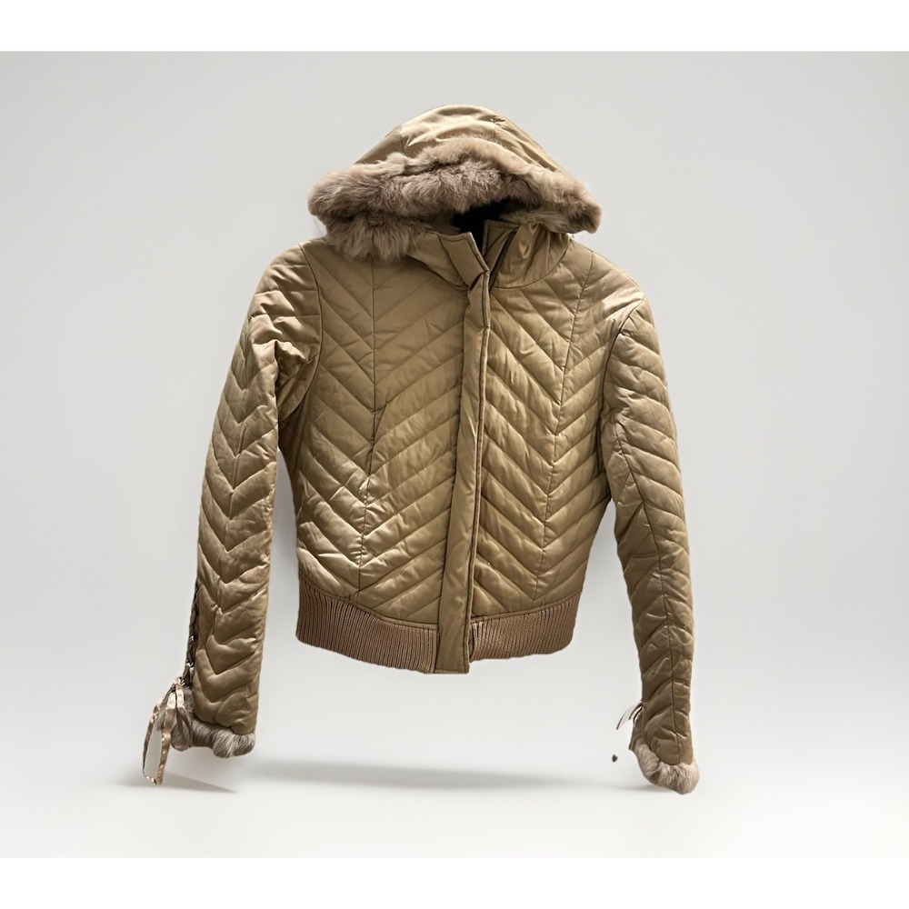 VTG Y2K BEBE Down Puffer Quilted Jacket Womens M Rabbit Fur Hood Lace Up Corset